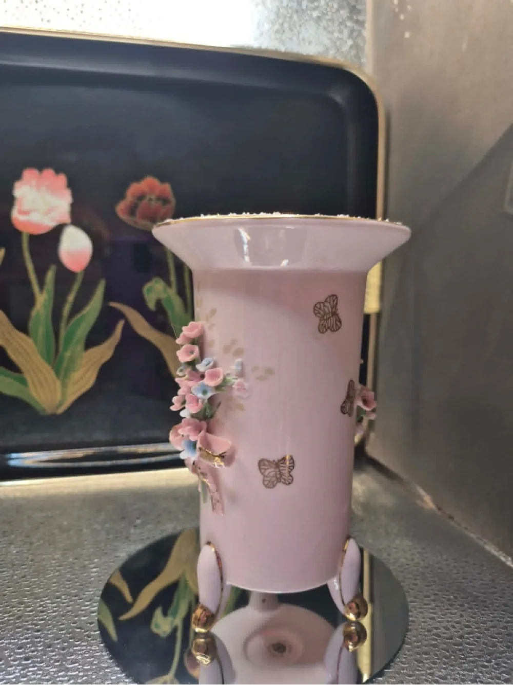 Vintage MCM Pink Lefton China Footed Bud Vase 24k Gold Sugared Rim & butterflies